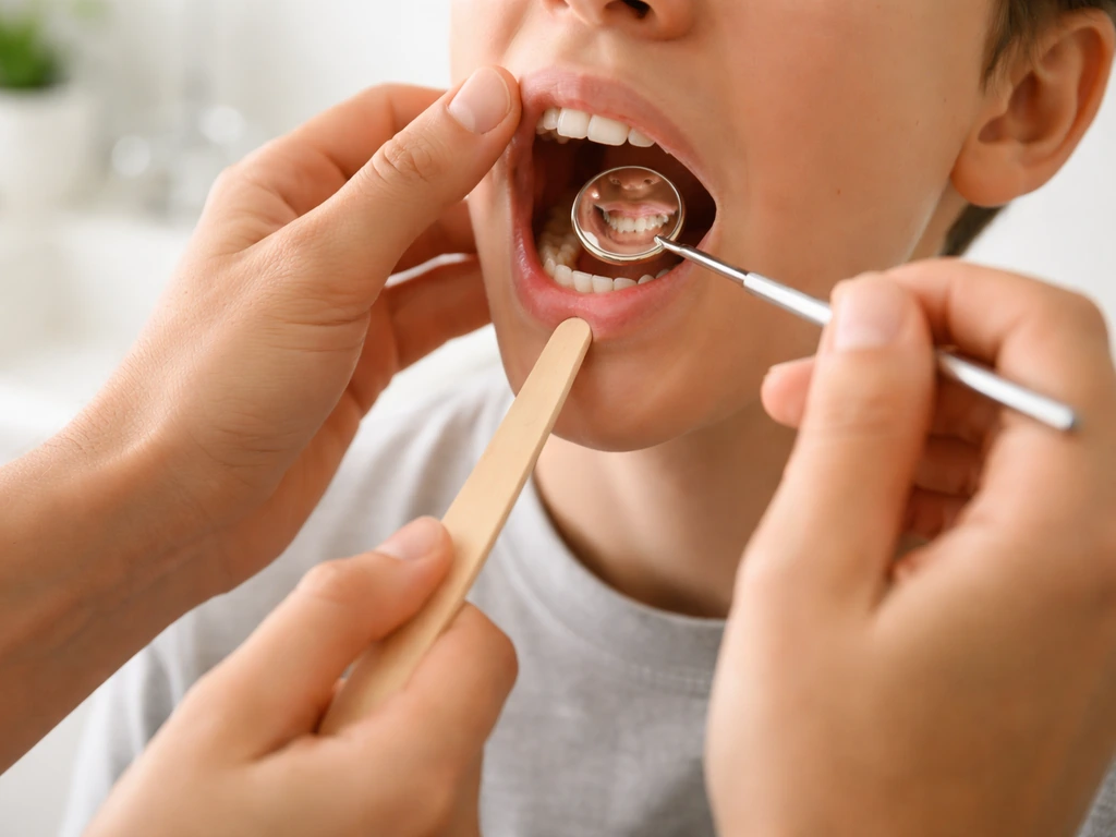 Parent using a dental mirror and tongue depressor in a bright bathroom to check a teen’s visible teeth.