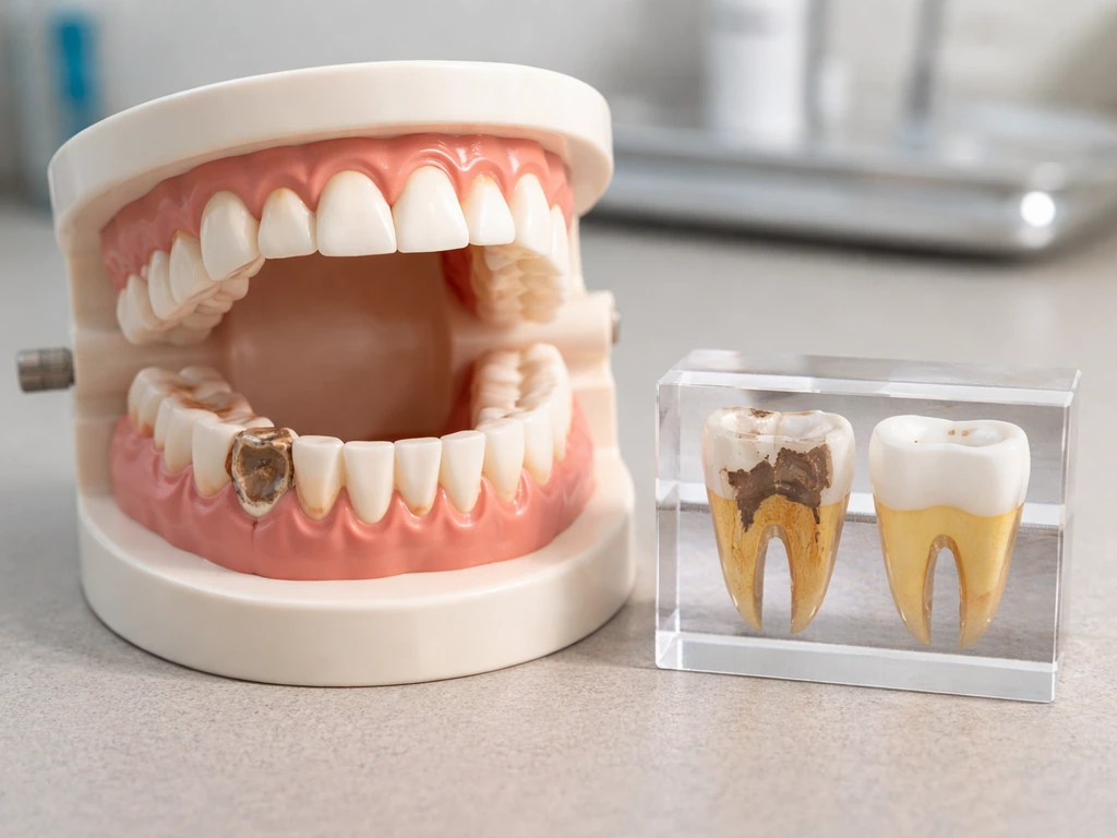 Close-up of a dental model showing eroded enamel versus a restored tooth surface in a clinic setting.