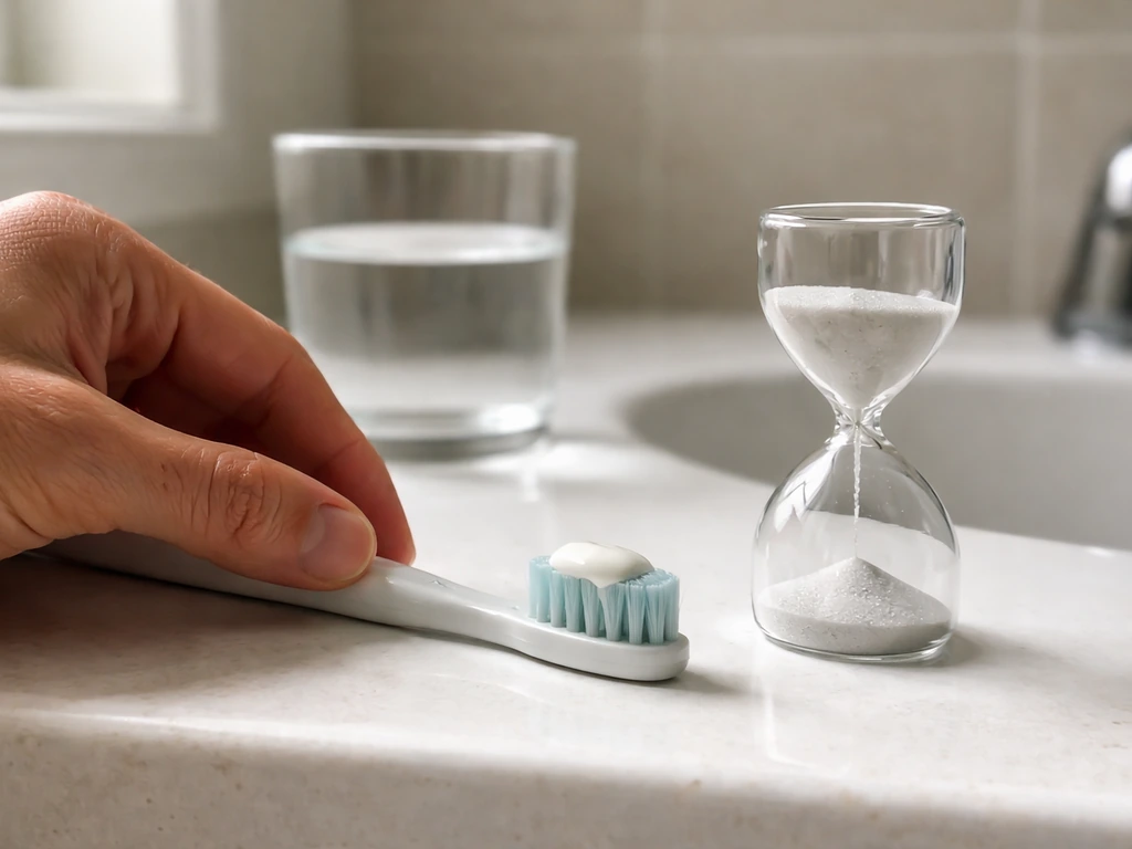 Hand brushing with a soft toothbrush and fluoride toothpaste; a clear 2-minute timer and water nearby.