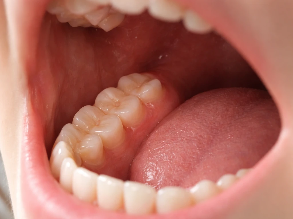 Close-up of a teenager’s back lower gums and molars, subtly showing a possible wisdom-tooth eruption area.