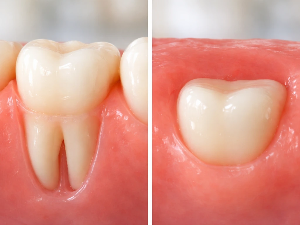 Close-up of a human molar model near gums, split view showing eruption versus no regrowth