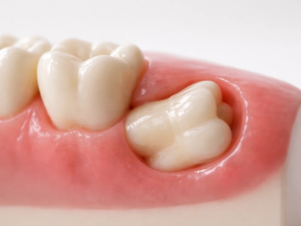 Macro view of an impacted wisdom tooth partially covered by gum, angled toward the adjacent molar.