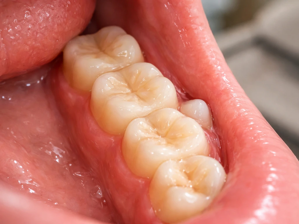 Close-up of lower back molar area with a subtle wisdom tooth erupting behind the last molar.