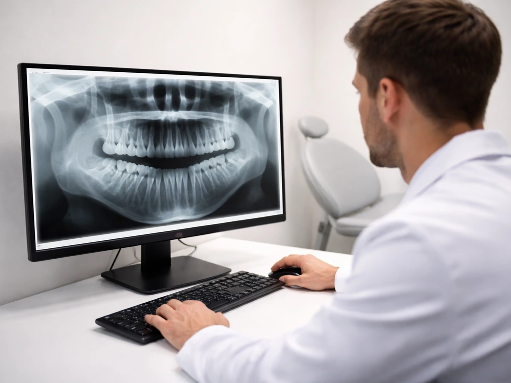 Dentist reviewing a panoramic dental X-ray on a computer, focusing on impacted wisdom tooth position.