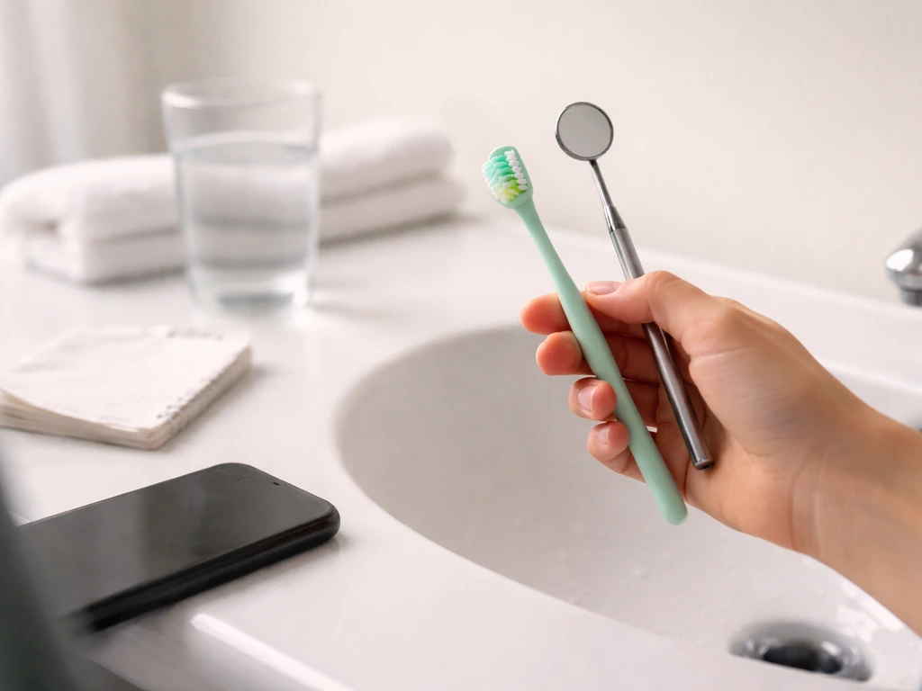 Hands holding toothbrush and dental mirror by a bathroom sink, hinting to seek urgent dental care soon.