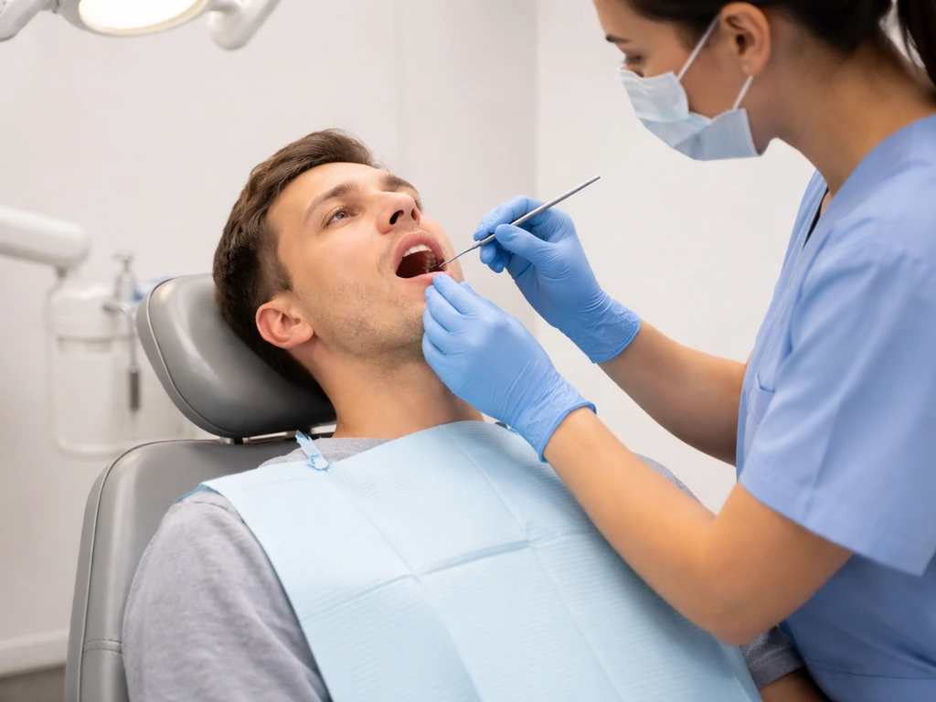 Adult patient in a dental clinic receiving a wisdom-teeth evaluation from a dentist.