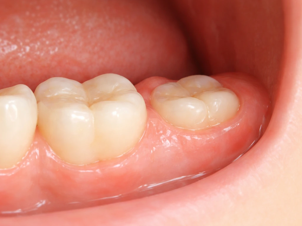 Photo-like jaw view showing a partially erupted wisdom tooth next to a fully erupted molar.