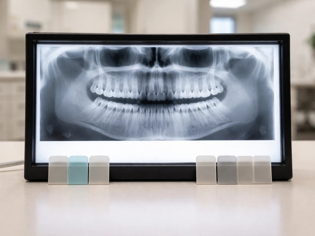 Dental lightbox with unlabeled age-marker tabs indicating typical early eruption and later possibility beyond mid-20s.