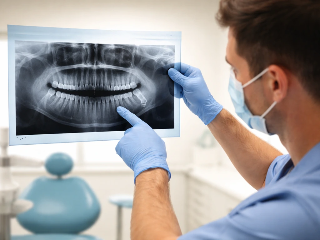 Dentist in a simple clinic room pointing at a panoramic dental X-ray while checking impacted wisdom teeth