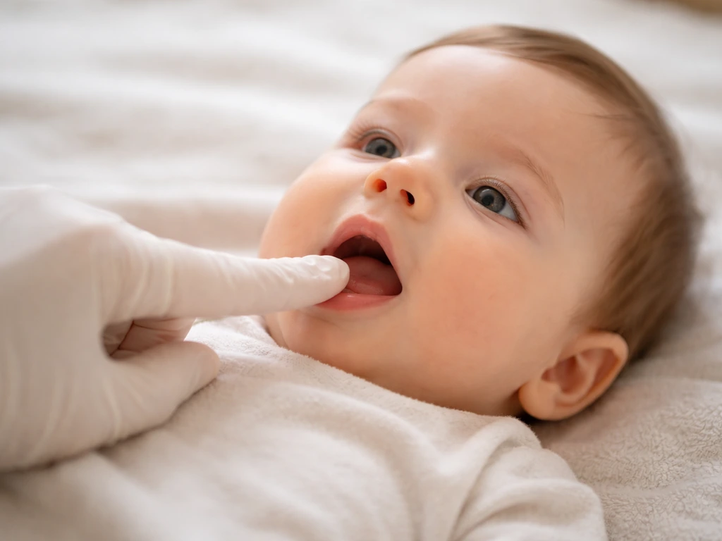 Baby lying on a soft blanket with a caregiver’s finger gently pointing near the mouth, neutral background
