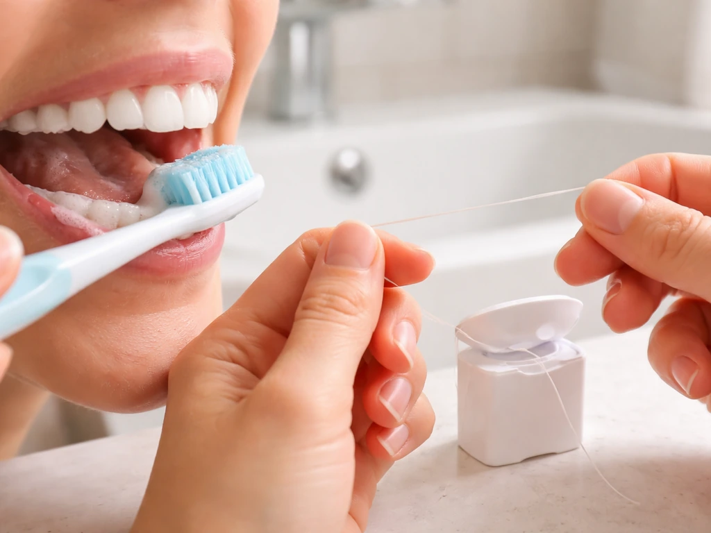 Close-up of brushing at the gumline with fluoride toothpaste and floss ready on a bathroom counter.
