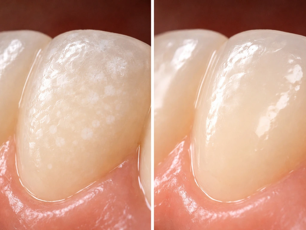 Split close-up of a damaged tooth enamel texture beside a brighter, remineralized-looking surface under natural light.
