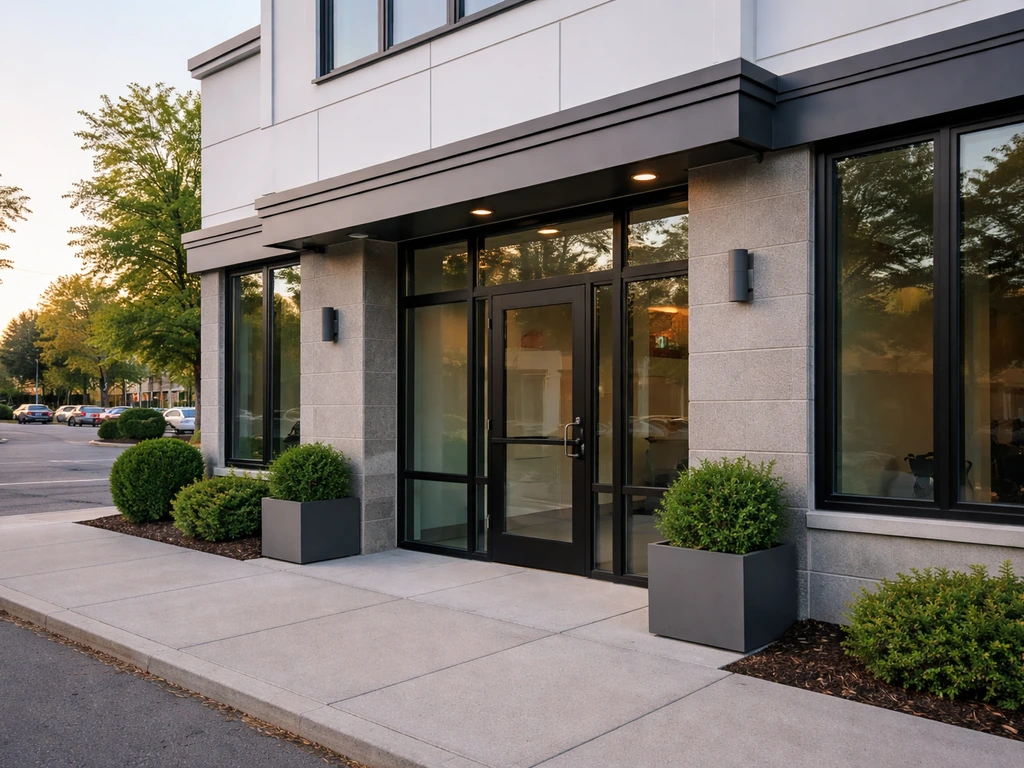 Street-level exterior of a modern office building entrance in Delmar, NY for address confirmation.