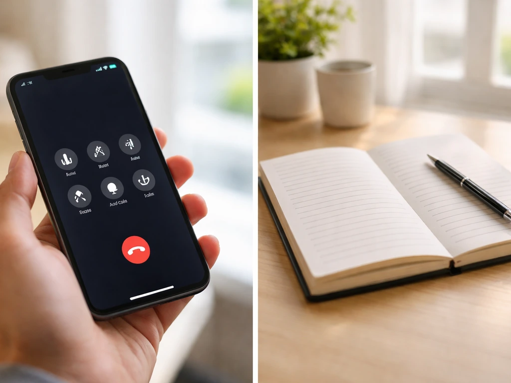 Minimal photo of a hand holding a smartphone showing a call screen while an appointment note sits nearby.