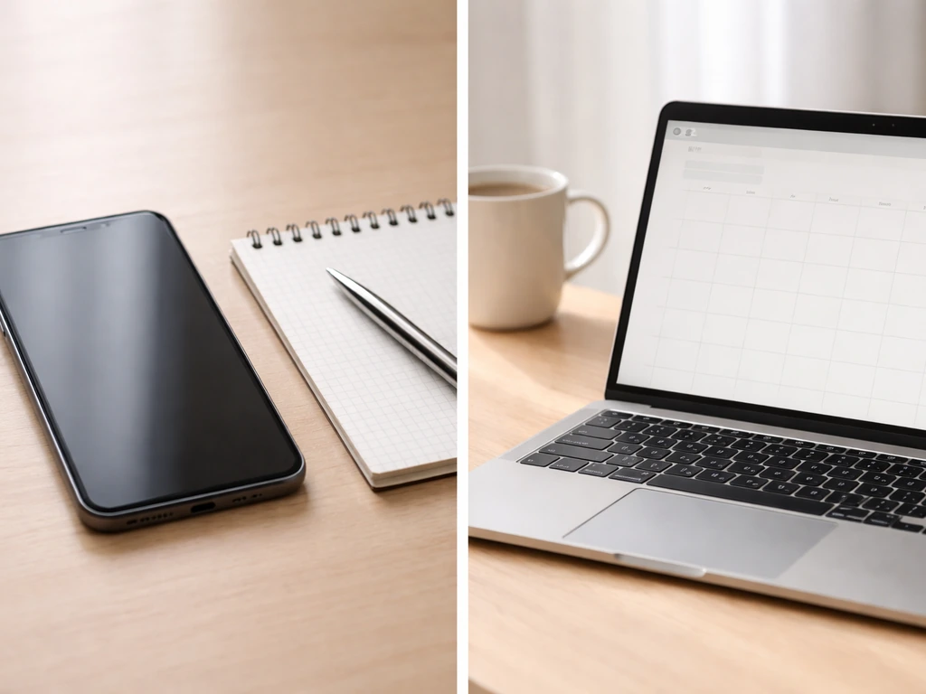 Minimal split view showing a phone and a laptop with a simple scheduling theme, no text.