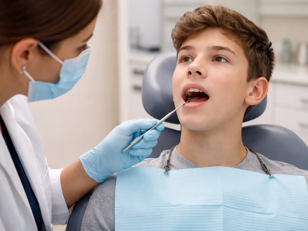 Teen in a dental office during an oral exam, with a dentist pointing toward the back jaw area