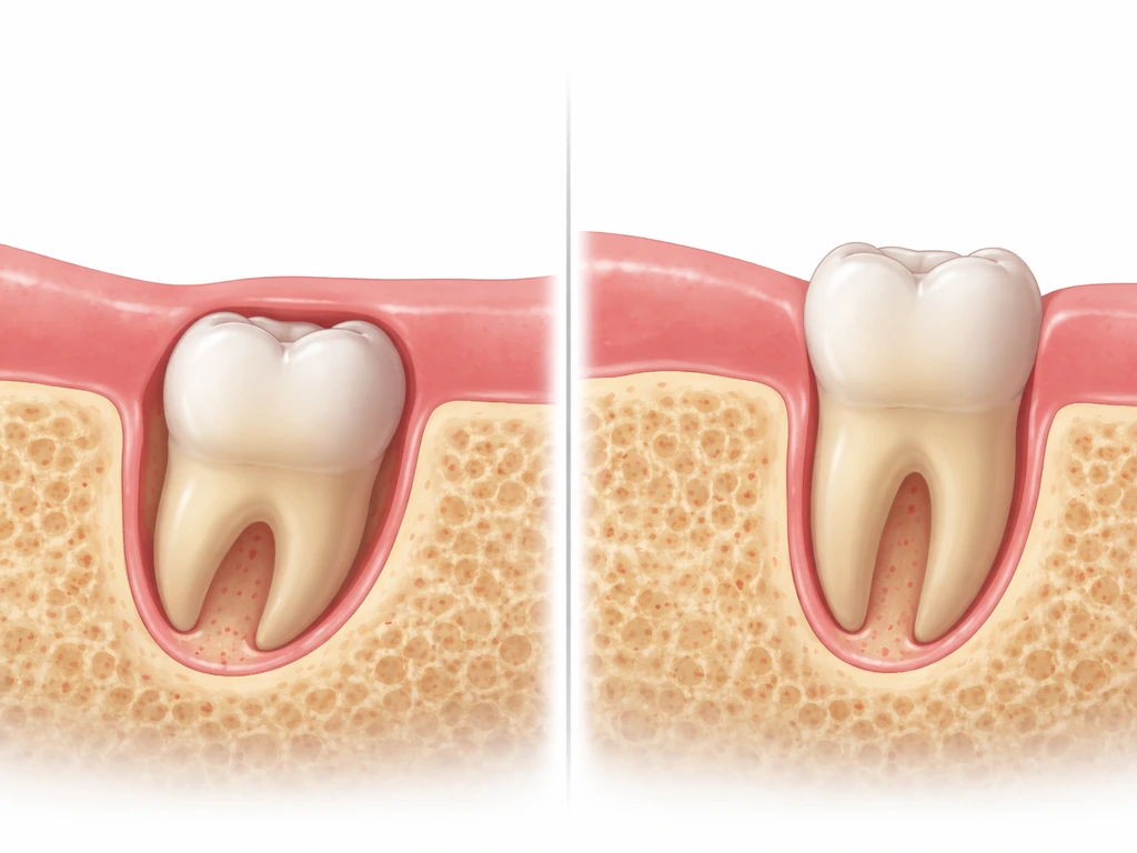 Two-panel photo-style view of a wisdom tooth under gums versus erupting toward the gumline.