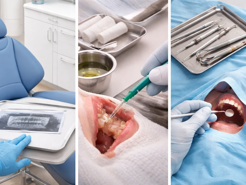 Triptych-style dental scenes: yearly monitoring check, pericoronitis treatment, and wisdom tooth extraction setup.