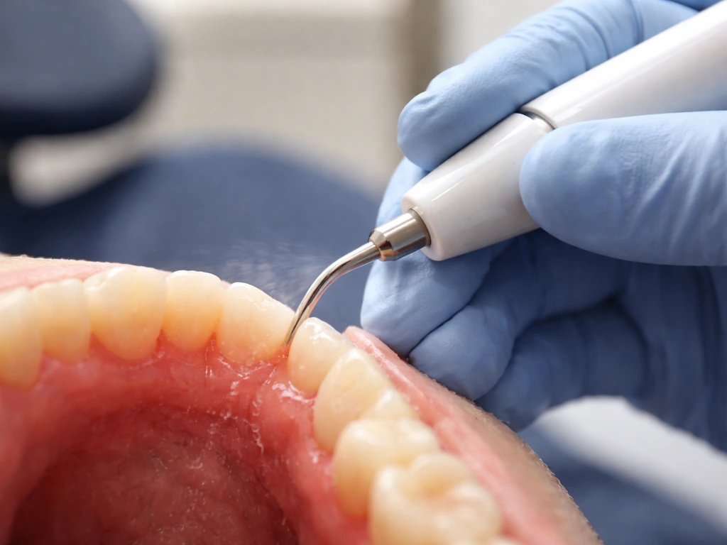 Dentist using a dental scaler at the gumline during non-surgical deep cleaning.