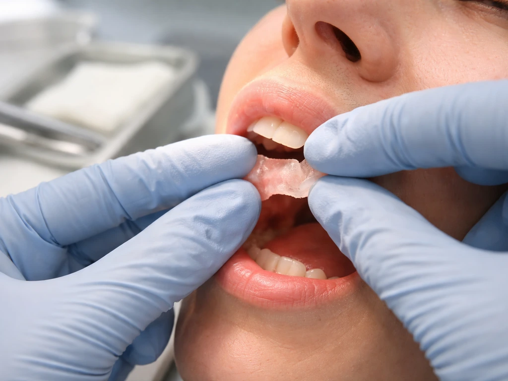 Dentist holding sterile tools while examining an open mouth with gum recession and exposed tooth root