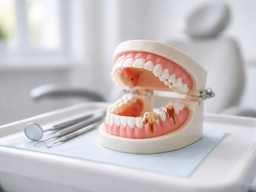 Minimal photo of a dental exam room with a single model jaw in soft light, suggesting different cyst types