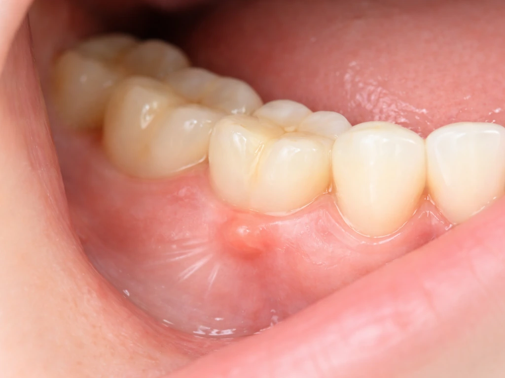 Close-up of lower jaw gumline with a persistent lump highlight, showing the need for a dental check.