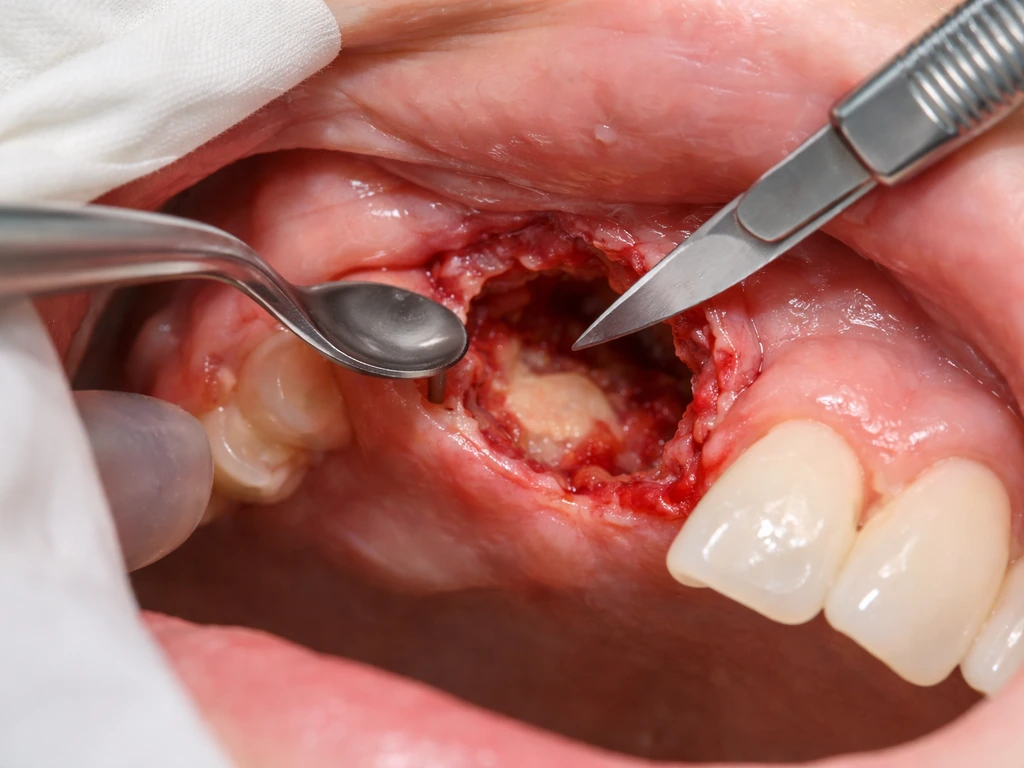 Dental surgical cavity being curetted with scalpel and curette in a clean minimal clinical view.