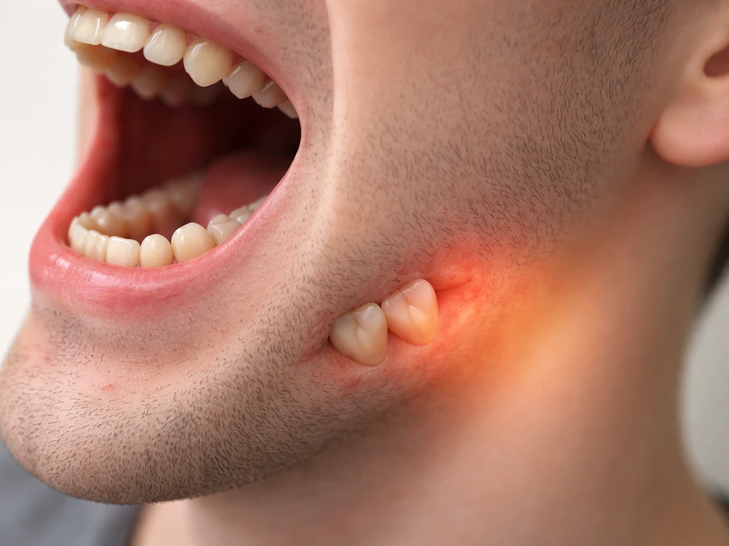 Minimal photo showing an impacted lower wisdom tooth with subtle light indicating radiating jaw, ear, and throat pain.