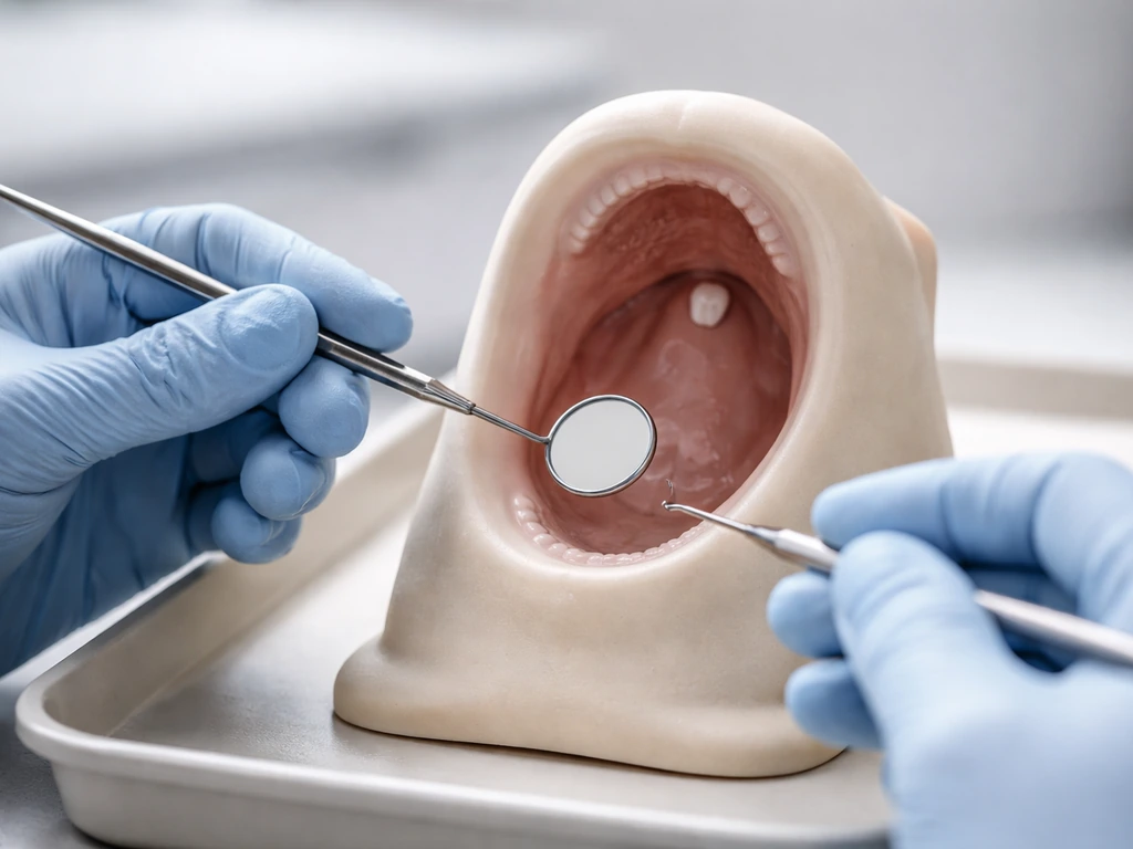 Minimal medical-style photo of a clinician holding a sterile dental mirror near a softly lit throat model