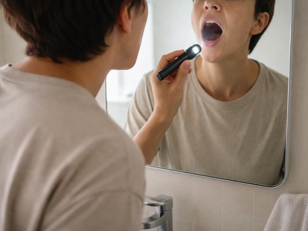 Person in a bathroom uses a flashlight to check their throat in a mirror for white/yellow tonsil bumps.