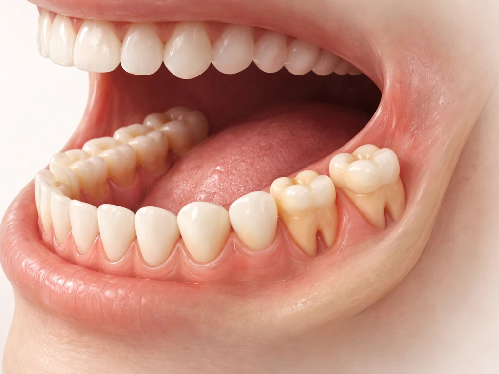 Close-up of upper and lower back jaw area showing early wisdom-tooth development near erupting third molars.
