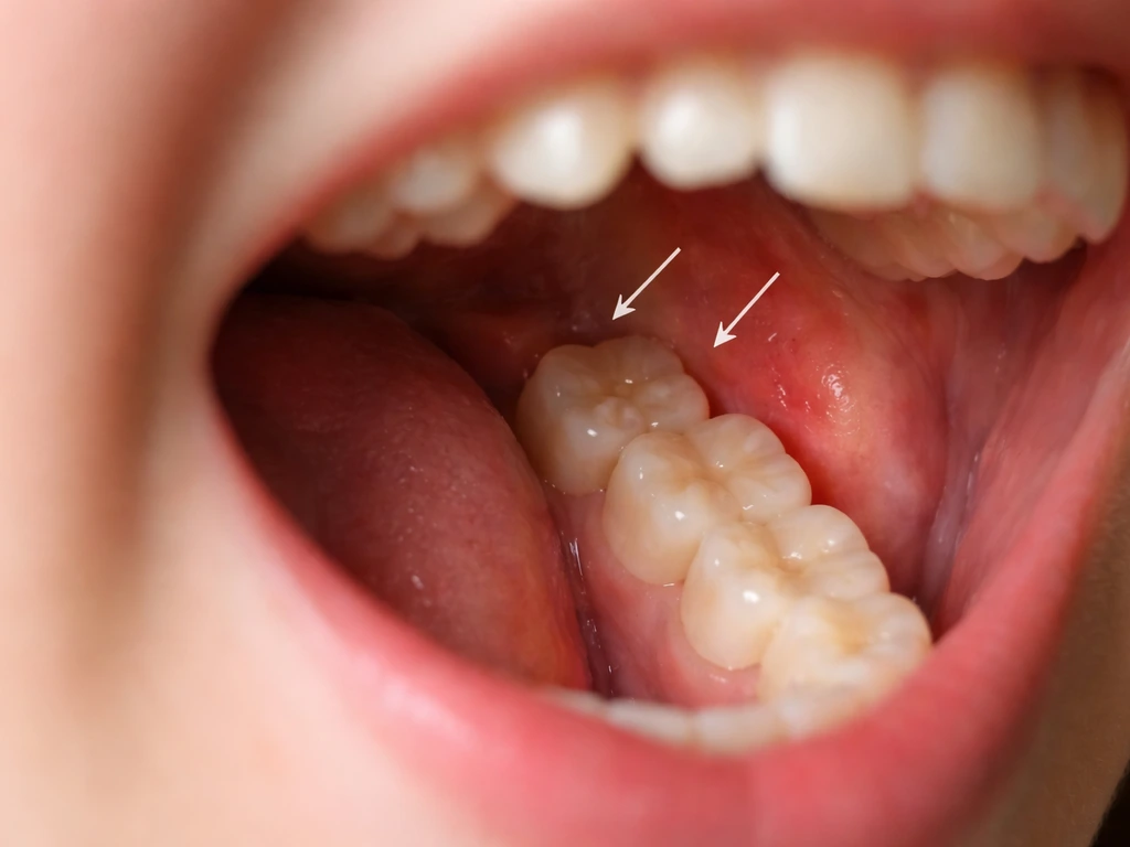 Close-up of the back gums and last molars with slight irritation where wisdom teeth may emerge.