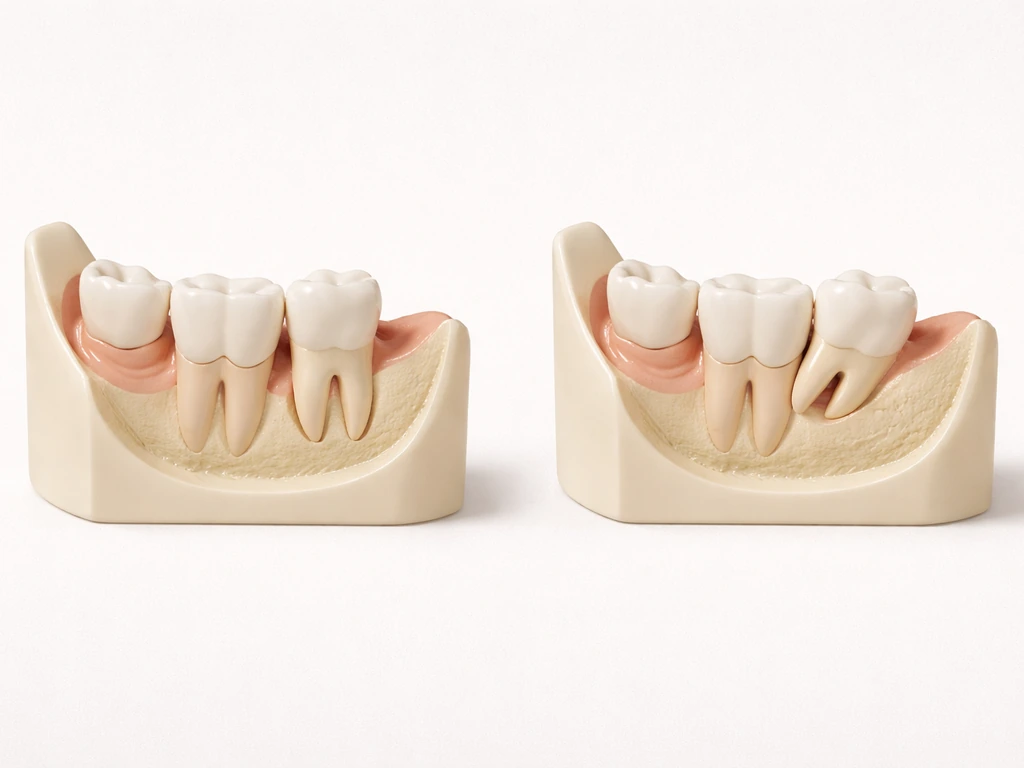 Two dental jaw side views showing wisdom teeth space vs crowded impacted against second molars.