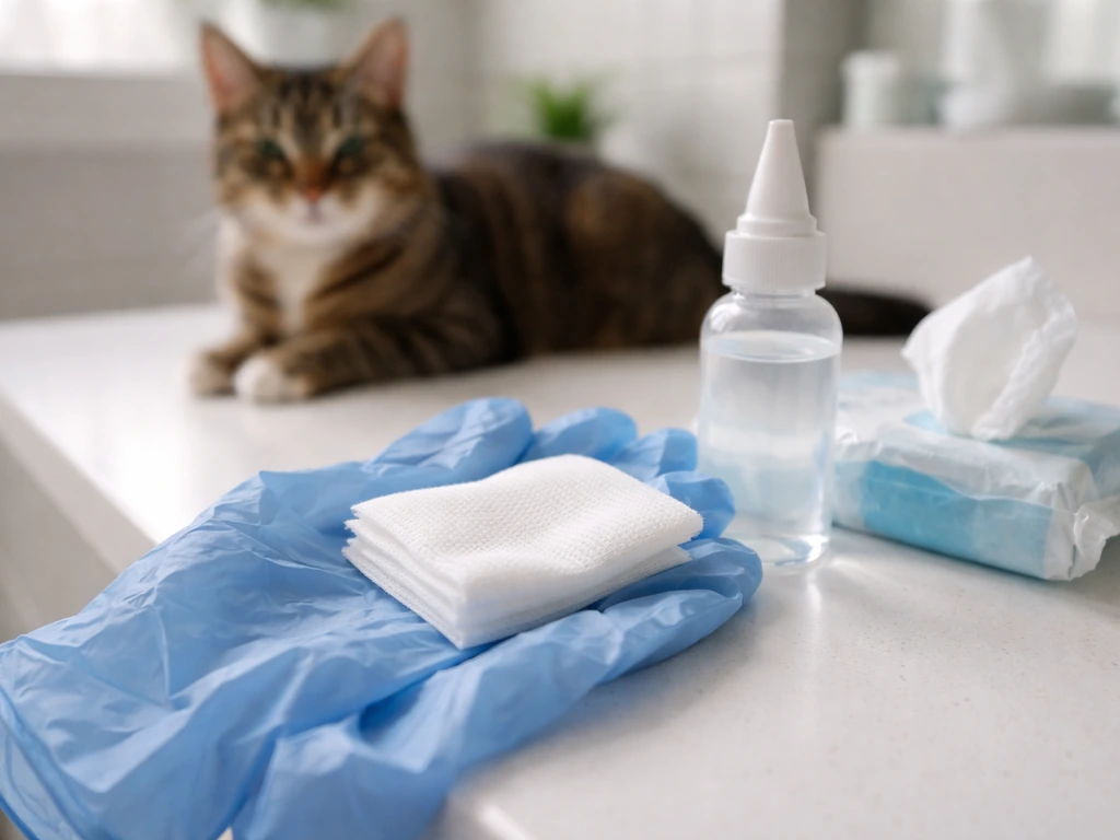Gloved hands ready cat dental first-aid supplies on a counter with a softly blurred cat in background.