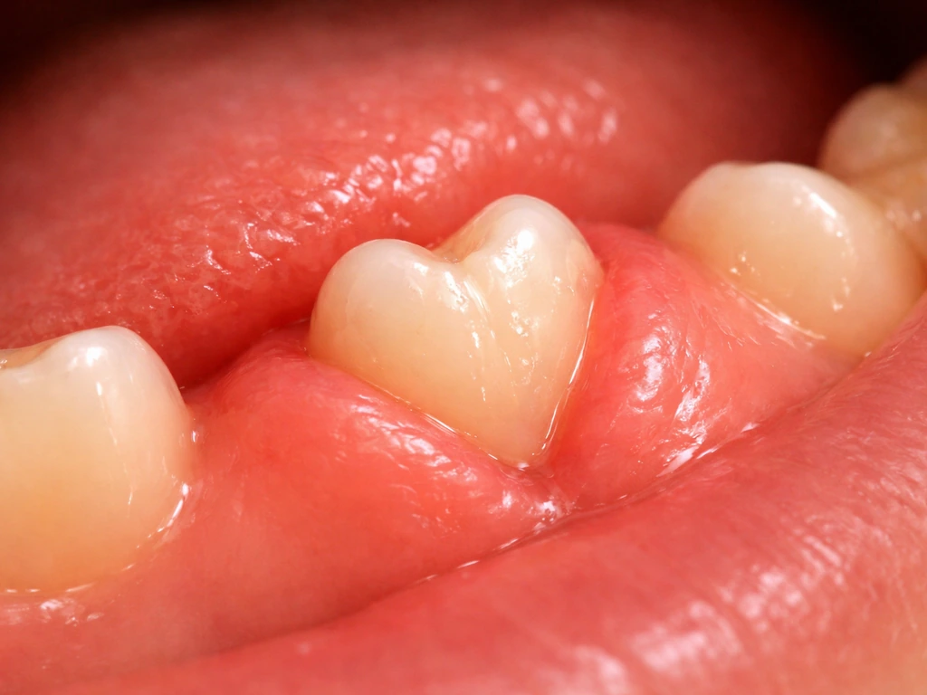 Close-up of a tooth erupting through slightly swollen, red gum tissue.