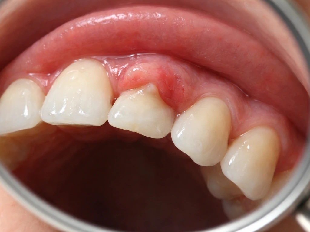 Mirror view showing mildly swollen gum over a tooth erupting.