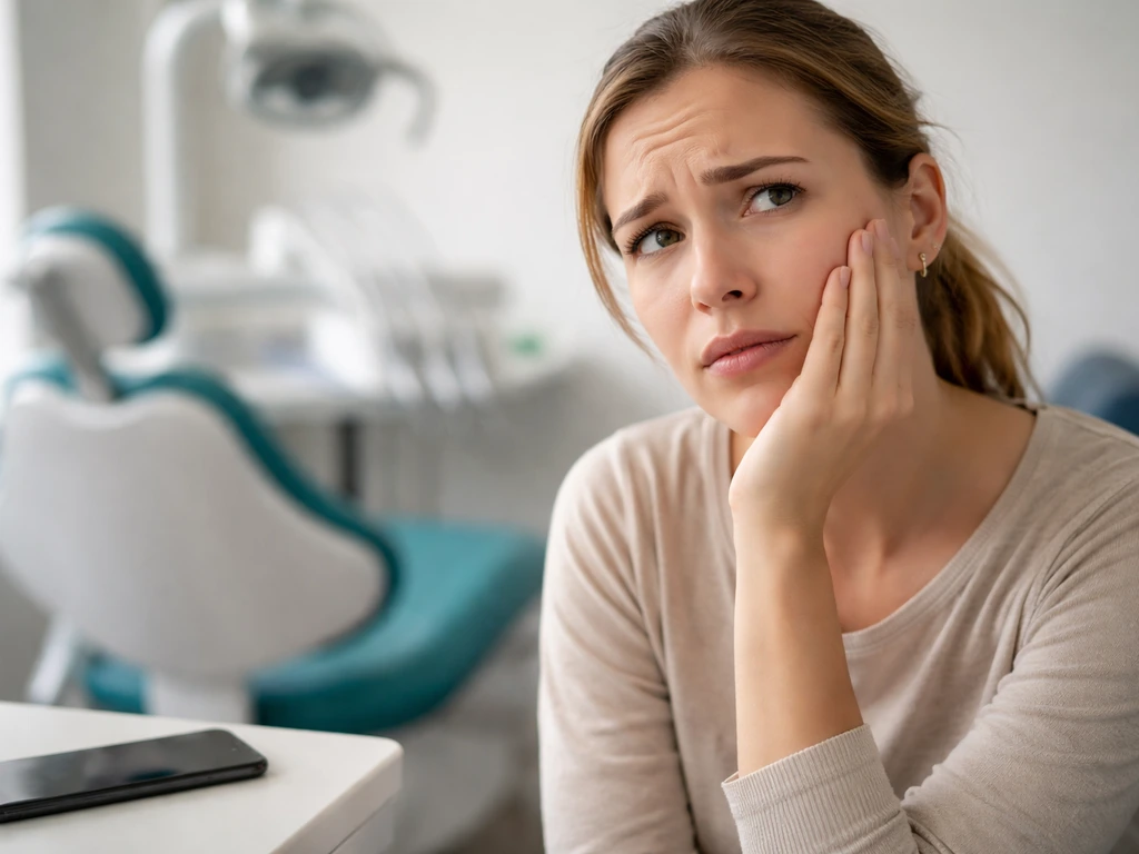 Concerned cheek-holding posture with a dental chair blurred in the background.