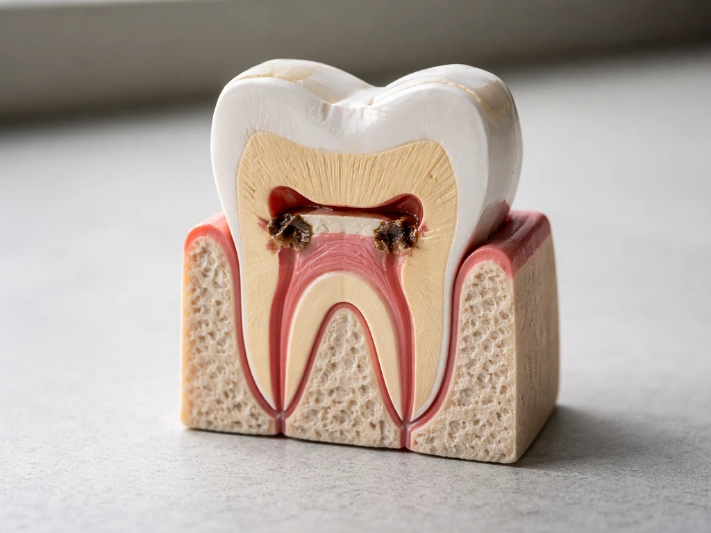 Macro of a tooth cross-section model showing exposed dentin spots and a bridge-like repair material.