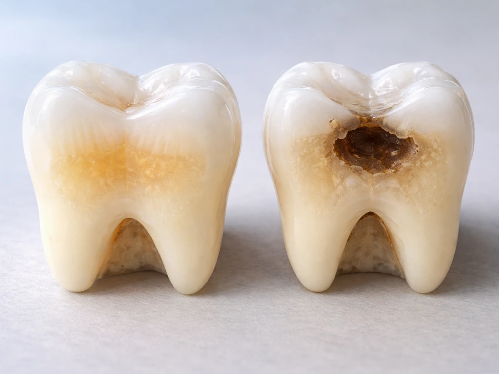 Minimal side-by-side dental close-up showing exposed dentin vs true dentin thickness loss in a tooth model