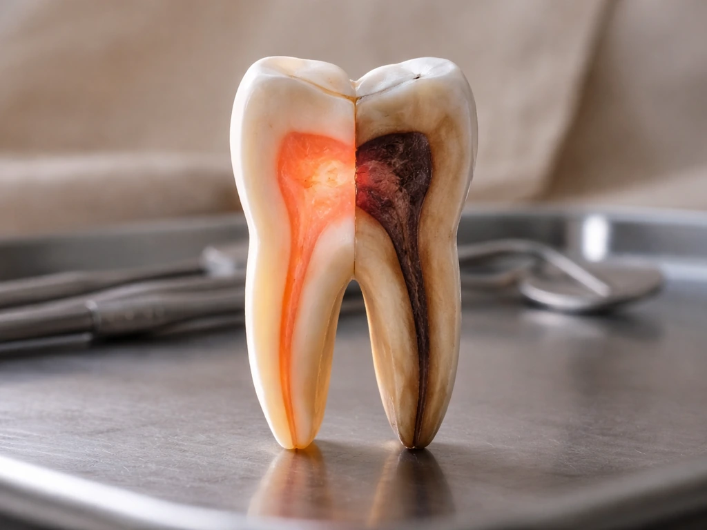 Extracted tooth on a clinical tray with a glowing vital pulp core contrasted with a dimmer side.