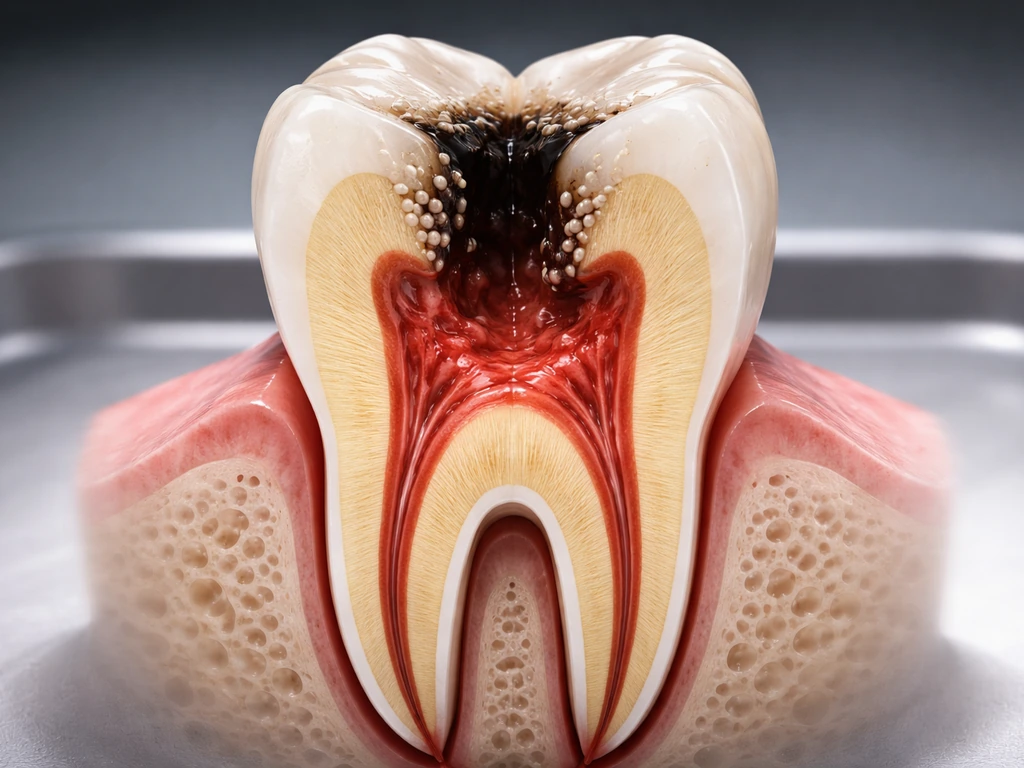 Close-up of a tooth cross-section with a cavity showing inflamed, bacteria-like specks near pulp.