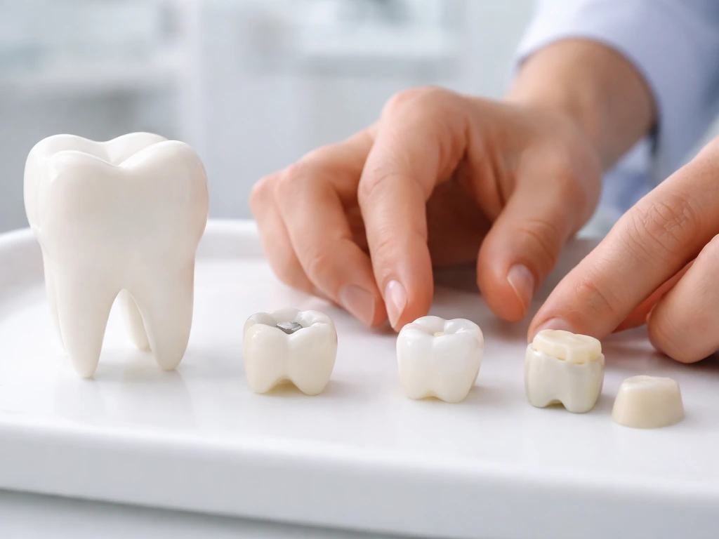 Minimal close view of dental treatment options: tooth model with filling, bonding, and a crown on a clean tray