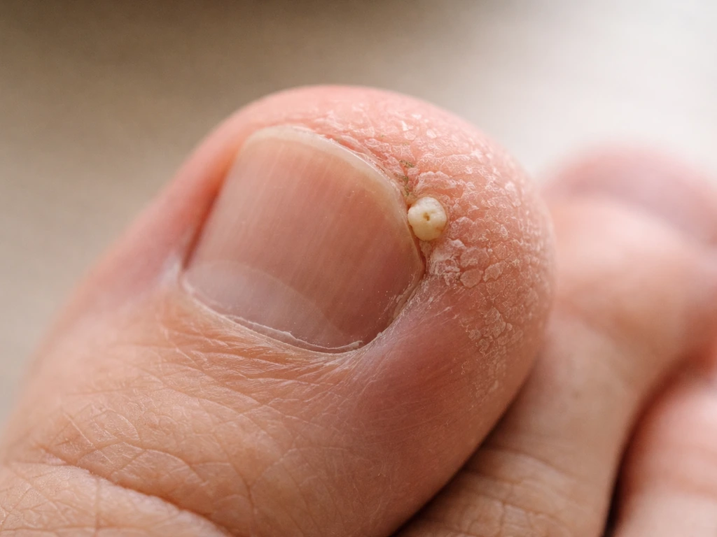 Macro close-up of a toe showing rough callus and a small pale hard protrusion near the nail edge.
