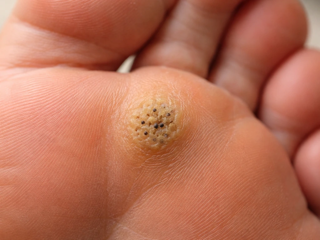 Close-up macro of a plantar wart on the sole with a rough texture and tiny dark dots.