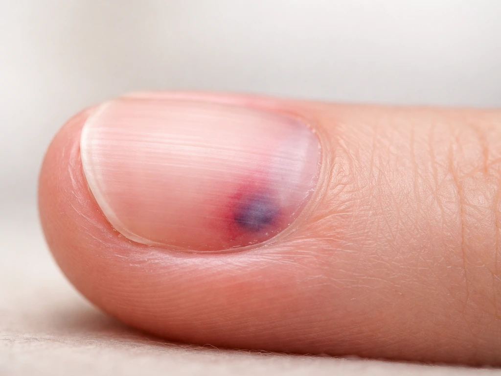 Close-up of a fingernail with subtle red-blue spot under the nail, showing tenderness concept.