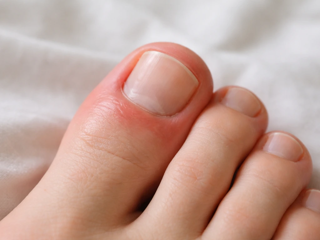 Close-up of a toe with mild redness and swelling around the nail fold, showing inflammation signs