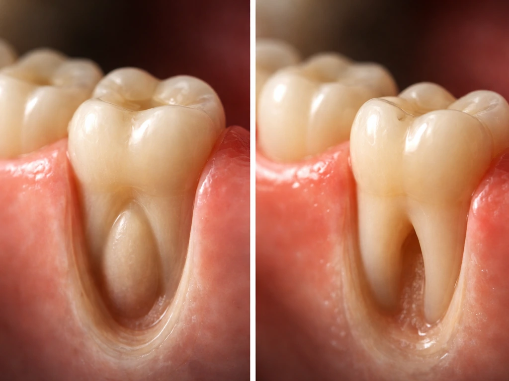Close-up photo showing a tooth developing under the gum versus erupting through, with a clear side-by-side contrast.