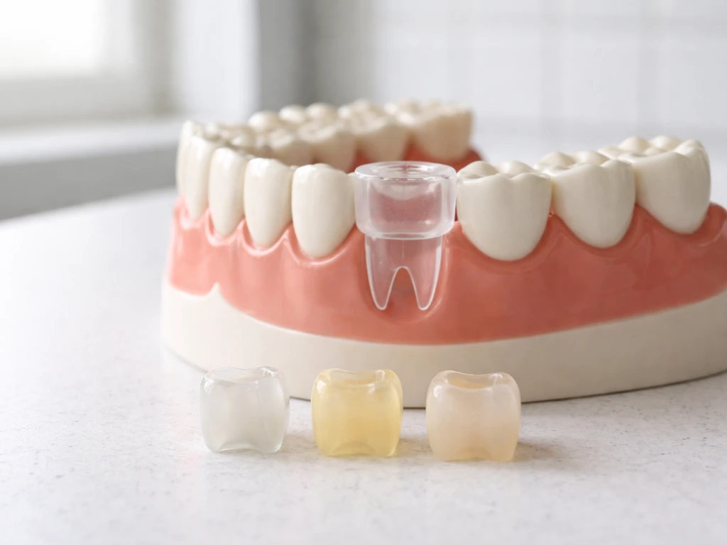 Clinic countertop with a generic jaw model showing layered translucent crown stages near first molar eruption.