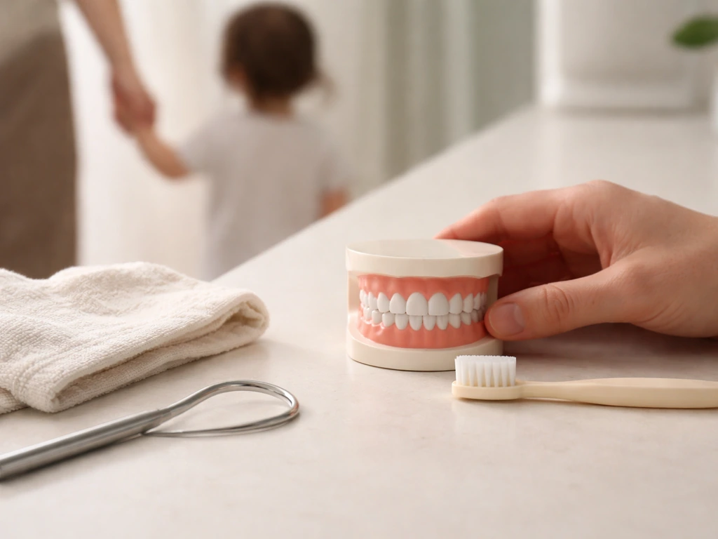 Adult hand holding a dental model near a child toothbrush on a bathroom counter in natural light