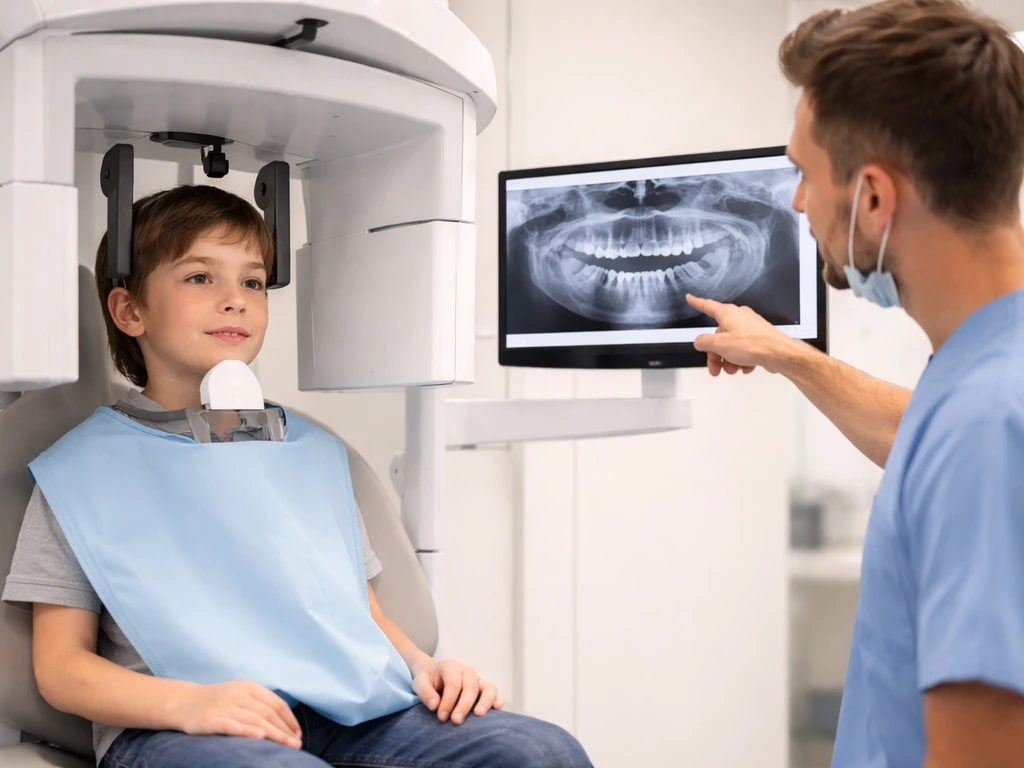 Child in a dental chair having a panoramic X-ray while a dentist points at the scan on a monitor.